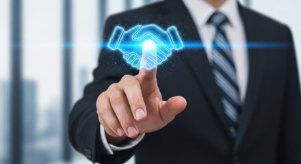 Businessman hand touching a virtual handshake icon to represent a successful partnership deal and digital contract agreement.