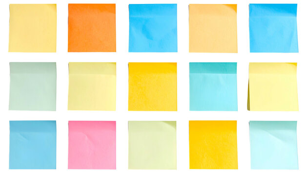 A grid of colorful sticky notes arranged on a black background, edges slightly uneven