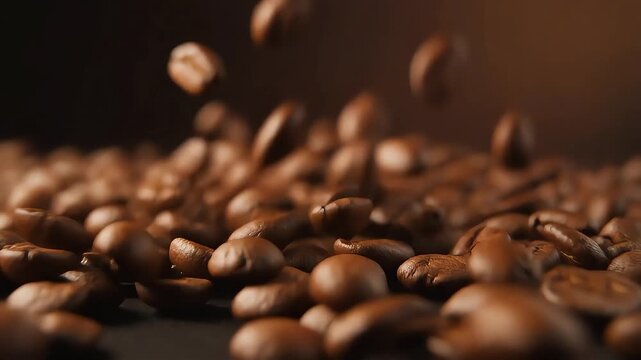 Macro shot of freshly roasted coffee beans falling in slow motion, rich texture and glossy oil highlights, cinematic premium visual for coffee ads, cafe branding, and luxury food content.