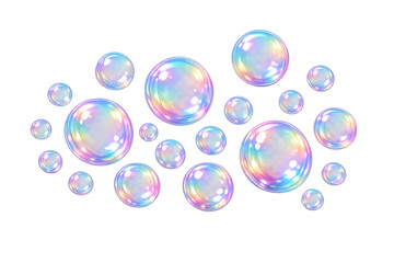 Soap bubbles floating, iridescent spheres with rainbow colors, transparent background, water, cleaning, party, light, hygiene concept