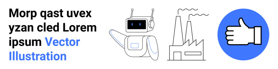 Obraz premium Robotics, manufacturing, industrial automation, AI technology, approval process, innovation illustration. Robot with factory and thumbs-up symbol. Robotics and industrial automation concept