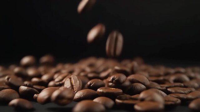 Roasted coffee beans falling in slow motion on a pure black background, cinematic macro close-up with rich texture and glossy oil highlights for premium coffee branding and ads.