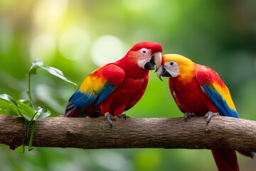 Fototapeta premium Two Vibrant Macaws Preening Each Other on a Branch in a Lush Tropical Setting