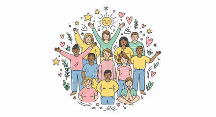 Naklejka premium Diverse group of people joyfully gathered together surrounded by hearts and stars in a circular illustration