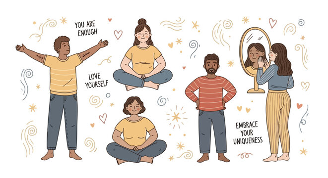 Illustration of people in various yoga poses and self-reflection with motivational phrases
