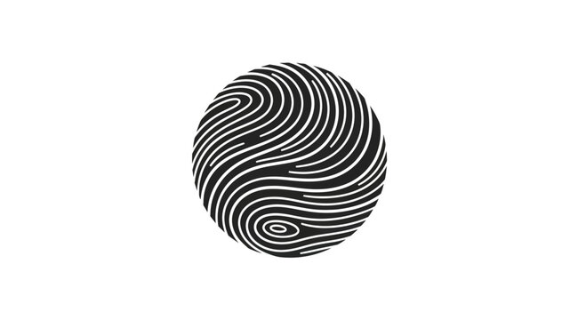 Circular fingerprint pattern in black and white, representing identity and security.