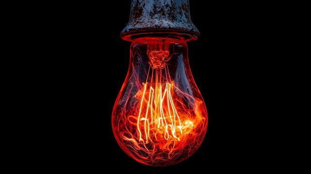 Glowing lightbulb, its filament ablaze with fiery orange-red light, set against a dark, contrasting backdrop