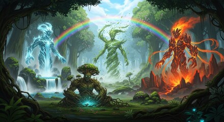 Obraz premium Magical forest scene with elemental spirits and rainbow