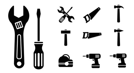 Obraz premium Collection of various black silhouette hand tools for construction and repair work.