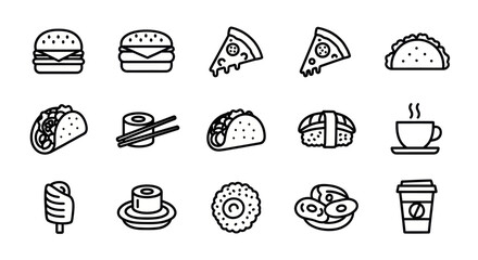 Collection of various fast food and snack outline icons.