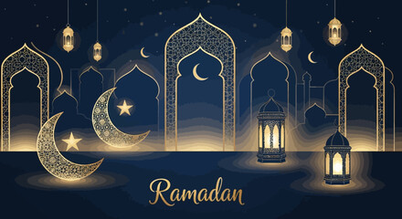 Vector illustration of Ramadan Kareem decorations with mosque arches, lanterns, crescent moon, and stars on a dark blue background.