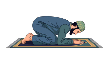 A Muslim man in prayer position on a prayer mat during Ramadan, performing dhikr or congregational prayer.