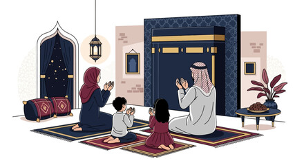 A Muslim family prays together on colorful mats in a mosque during Ramadan, with a man, woman, and child in traditional attire.