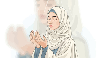 Muslim woman in hijab praying with hands clasped in front of her face during Ramadan or congregational prayer at a mosque.