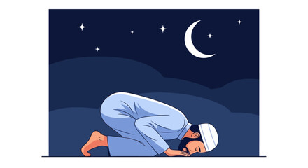 A Muslim man in prayer during Ramadan with a crescent moon and stars in the night sky.
