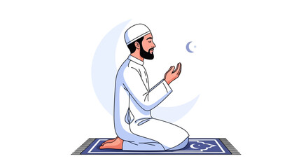 A Muslim man in white attire praying on a mat during Ramadan with a crescent moon nearby.