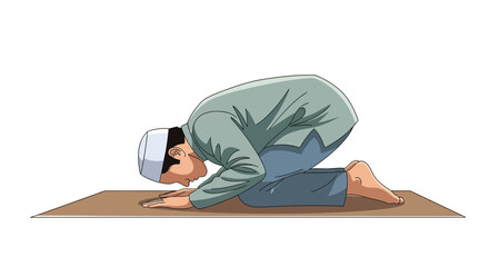 A Muslim man wearing a white cap kneels on a prayer mat in a mosque for congregational prayer during Ramadan.