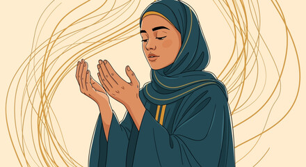 A Muslim woman wearing a hijab praying during the Ramadan kareem fast.