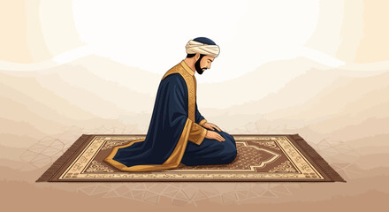 A Muslim man in traditional attire praying on a rug during Ramadan or Ramadhan in a serene environment.