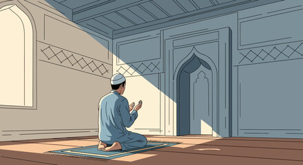 A Muslim man in a blue outfit praying on a mat in a mosque during Ramadan or Ramadhan.