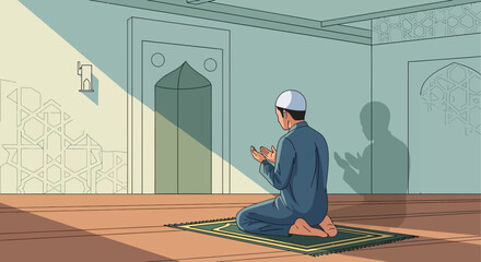 A Muslim man in a mosque praying on a prayer mat during Ramadan, a moment of dhikr and congregational prayer.