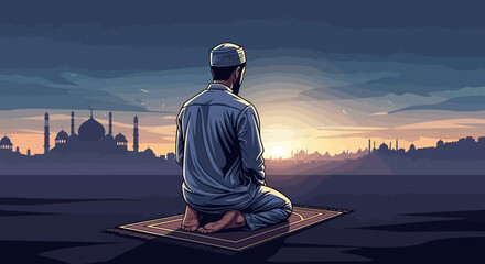 A Muslim man sits on a prayer mat facing a mosque at sunset during Ramadan.