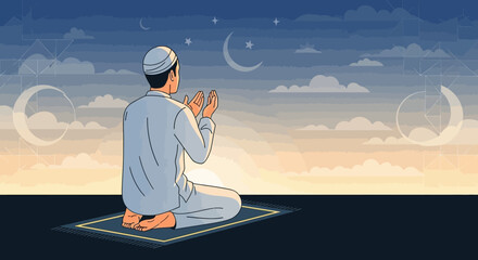 A Muslim man in prayer during Ramadan, sitting on a mat with hands clasped, crescent moons in the sky.