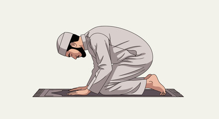A Muslim man in traditional attire performing a prayer on a mat during Ramadan or Ramadhan.