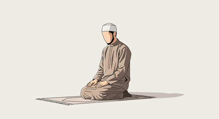 A Muslim man wearing a white cap sits on a prayer mat during a congregational prayer in a mosque on Ramadan Kareem.