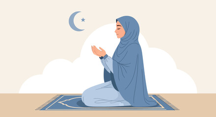 A Muslim woman in hijab prays on a mat during Ramadan with a crescent moon in the sky