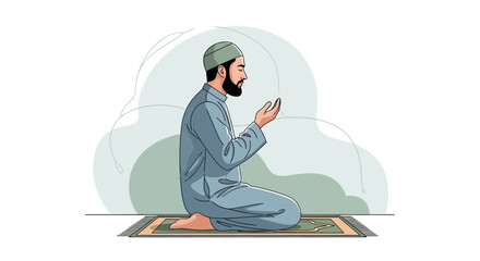 A Muslim man in traditional attire performing congregational prayer during Ramadan or a Muslim man praying on a mat during a fast.