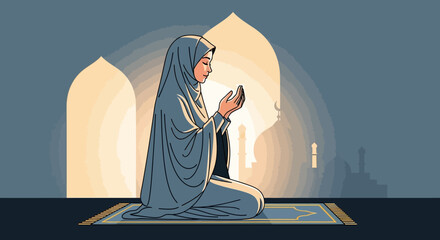 A Muslim woman in a blue hijab and dress kneels on a prayer mat while praying in a mosque during Ramadan.
