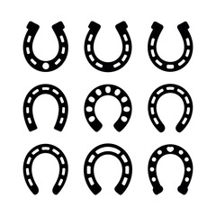 A collection of black horseshoe icons on a white background, symbolizing good luck and fortune.