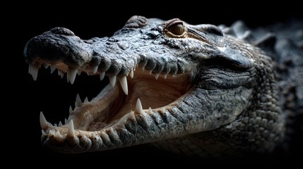 Obraz premium Close-up of a fearsome crocodile with its jaws wide open, showcasing sharp teeth.