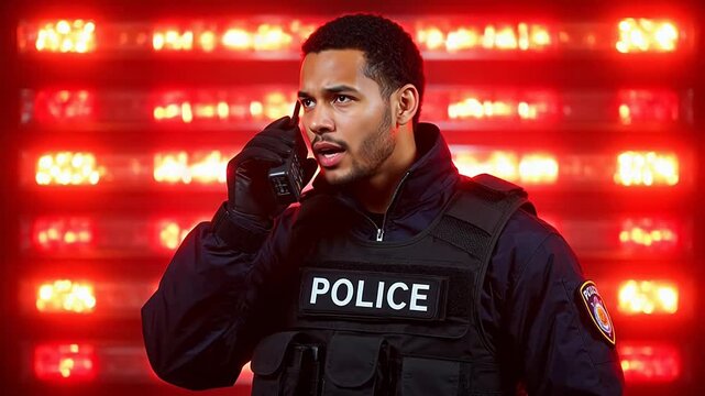 Police officer in uniform using radio