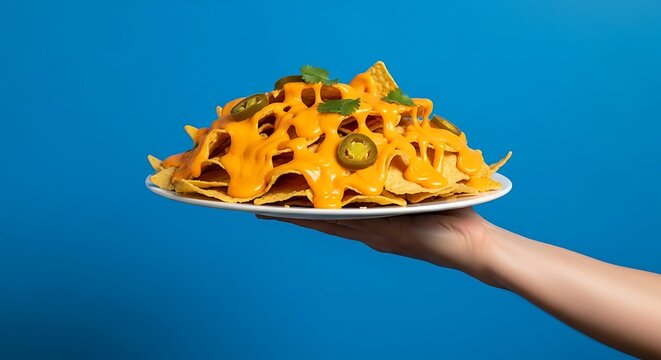 Hand holding nachos with cheese
