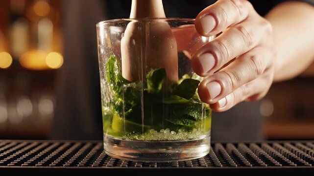 Bartender muddles fresh mint leaves for cocktail preparation