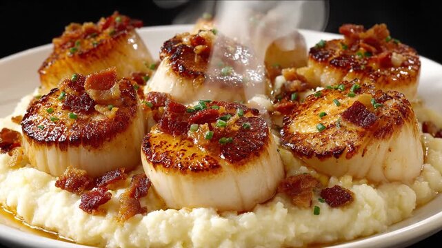 Seared scallops sit atop mashed potatoes, topped with bacon and chives. Steam rises from the dish