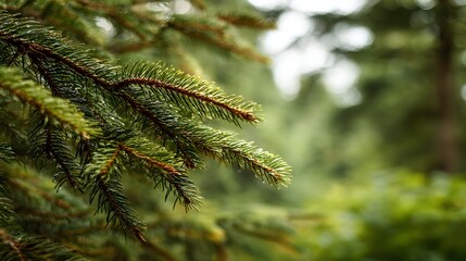 Obraz premium Close-up of vibrant green pine needles with blurred forest background, natures beauty.