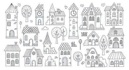 Fototapeta premium Collection of Hand-Drawn Doodle Houses and Buildings with Trees.