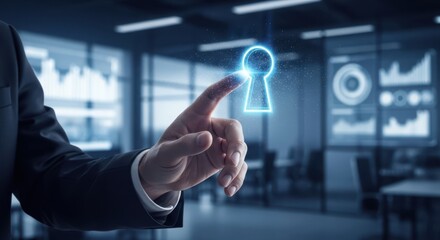Businessman hand touching a virtual keyhole to represent accessing hidden data and unlocking secrets.