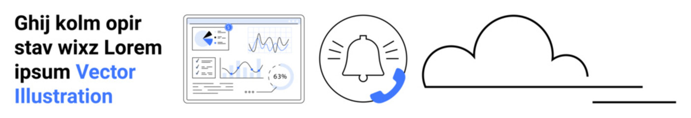 Data analytics, cloud storage, digital notifications, technology management, information systems, online connectivity. Graphs on screen, bell symbol and cloud shape. Data analytics and cloud storage © robu_s