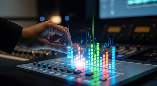 Professional hand adjusting a virtual slider on a holographic equalizer for audio processing with rhythmic light bars moving up and down