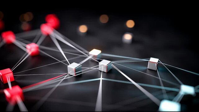 Network data connection machine learning visual cube node glow light abstract focus depth modern technology background futuristic concept