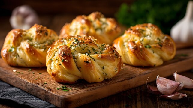 Delicious Garlic Knots - A Culinary Delight on a Wooden Platter.