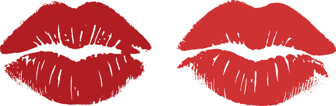 Red lipstick kiss marks impression in dark red color on white background