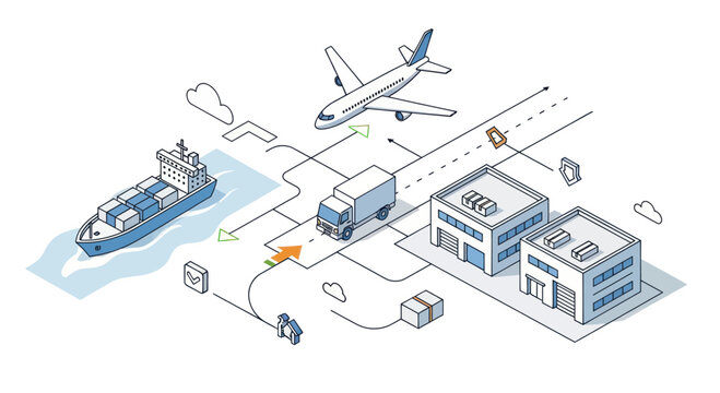 Global Logistics Network Connecting Ship Truck and Airplane for Delivery.