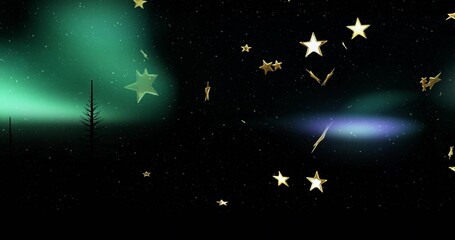 Drifting metallic gold star ornaments moving across night sky at forest edge, green aurora