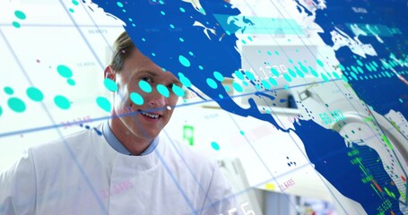 Standing lab scientist wearing white coat studying world map overlay in research lab, copy space