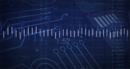 Displaying horizontal band of white vertical bars on deep blue tech interface with circuit grid 52